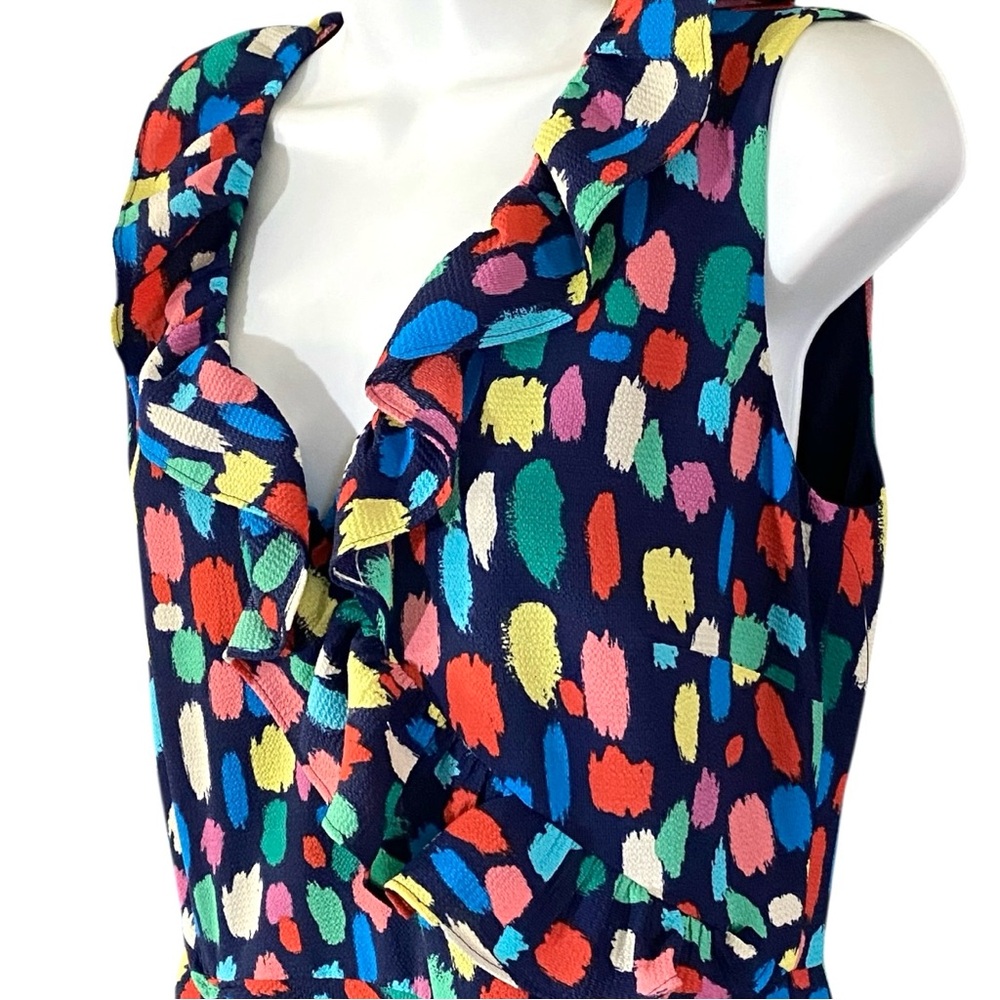 Maggy London Colorful Print Midi Dress 6 Ruched Ruffle V Neck Artsy Cocktail - Picture 8 of 15